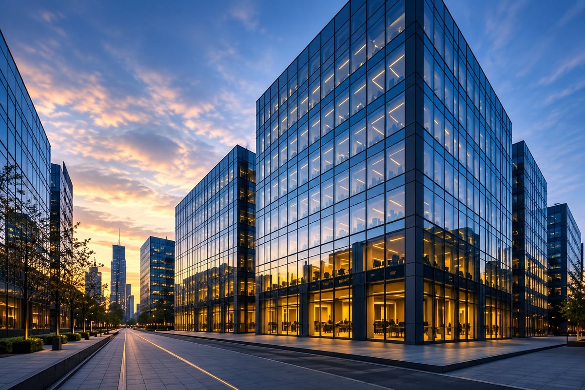 Edificio corporativo de cristal iluminado al atardecer con luces de la ciudad y cielo nublado